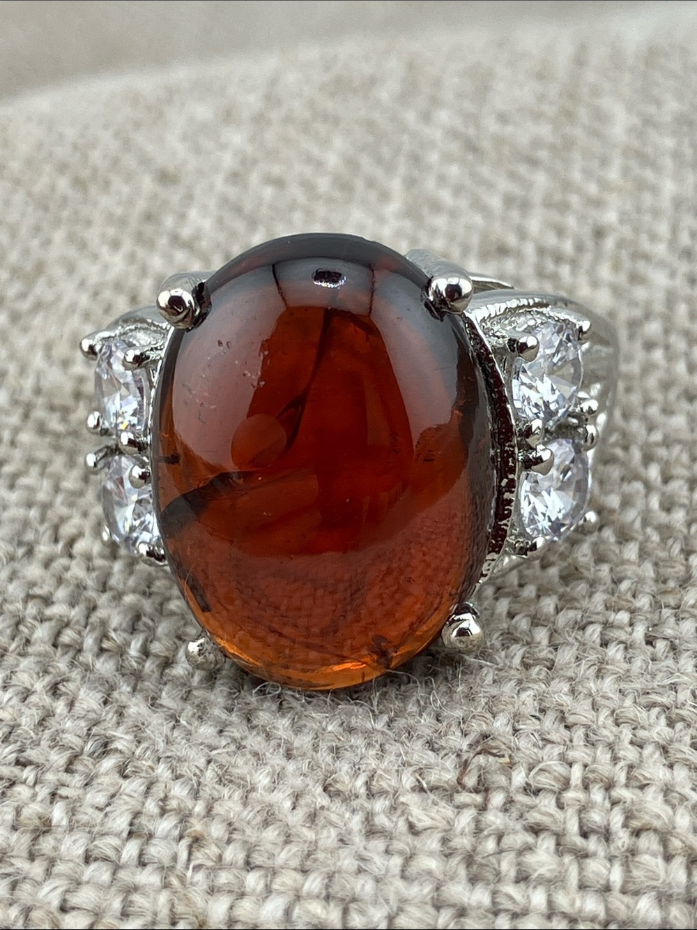 Amber Cabochon Ring with Clear Accent Stones